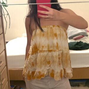 Yellow Tie-Dye Strapless Ruffle Top